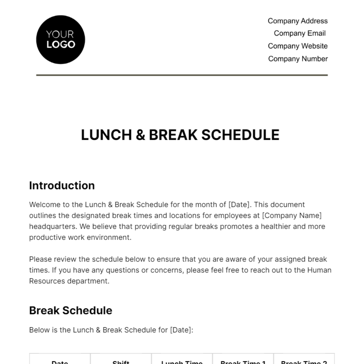 Lunch & Break Schedule HR Template