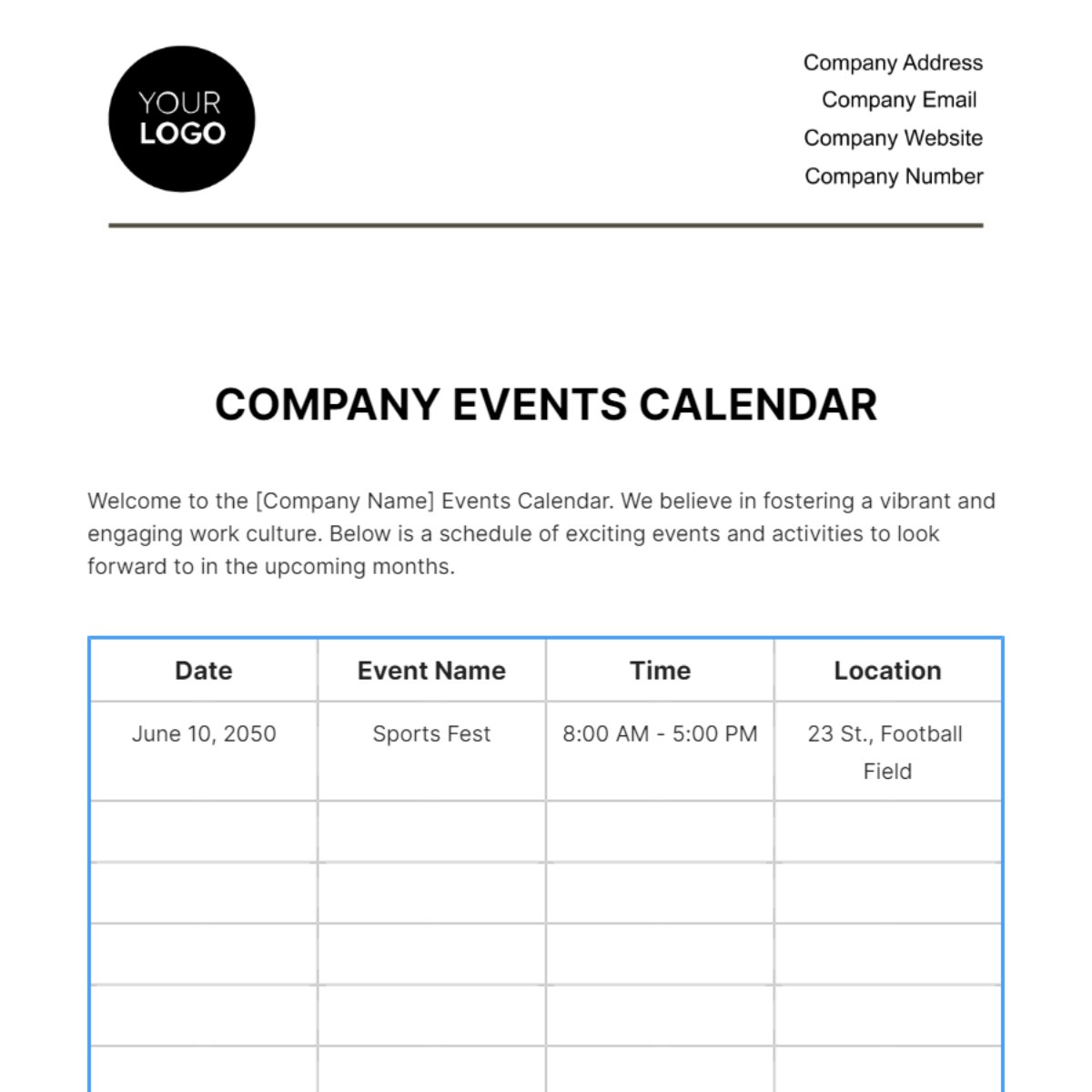 Company Events Calendar HR Template
