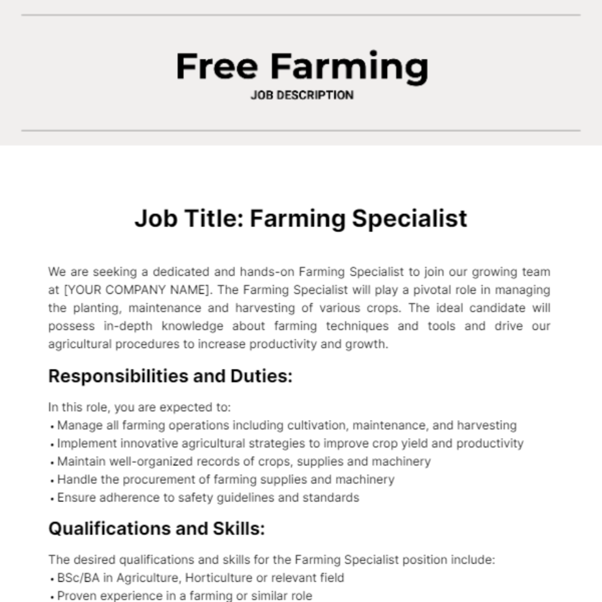 Free Farming Job Description Template