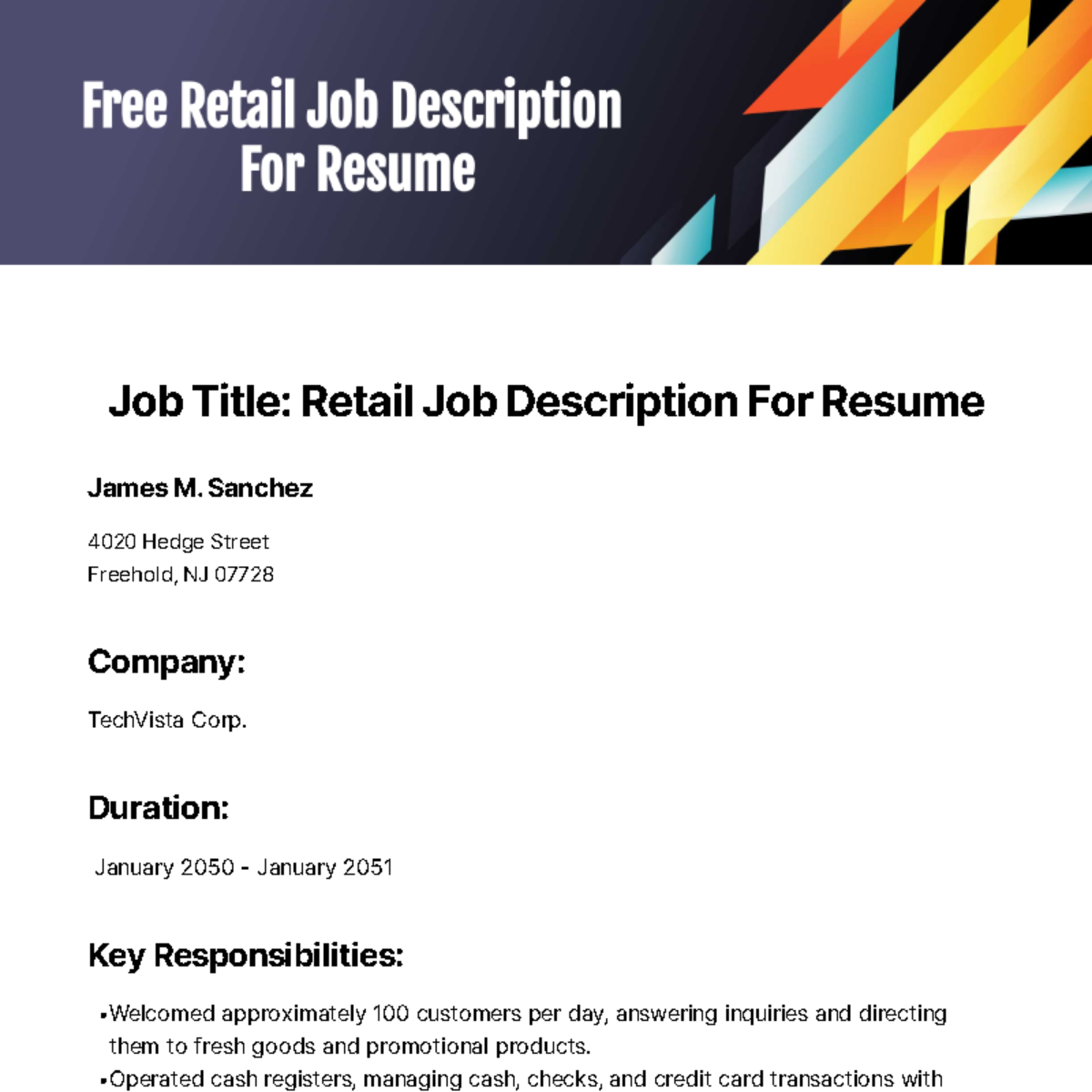 Free Retail Job Description For Resume Template
