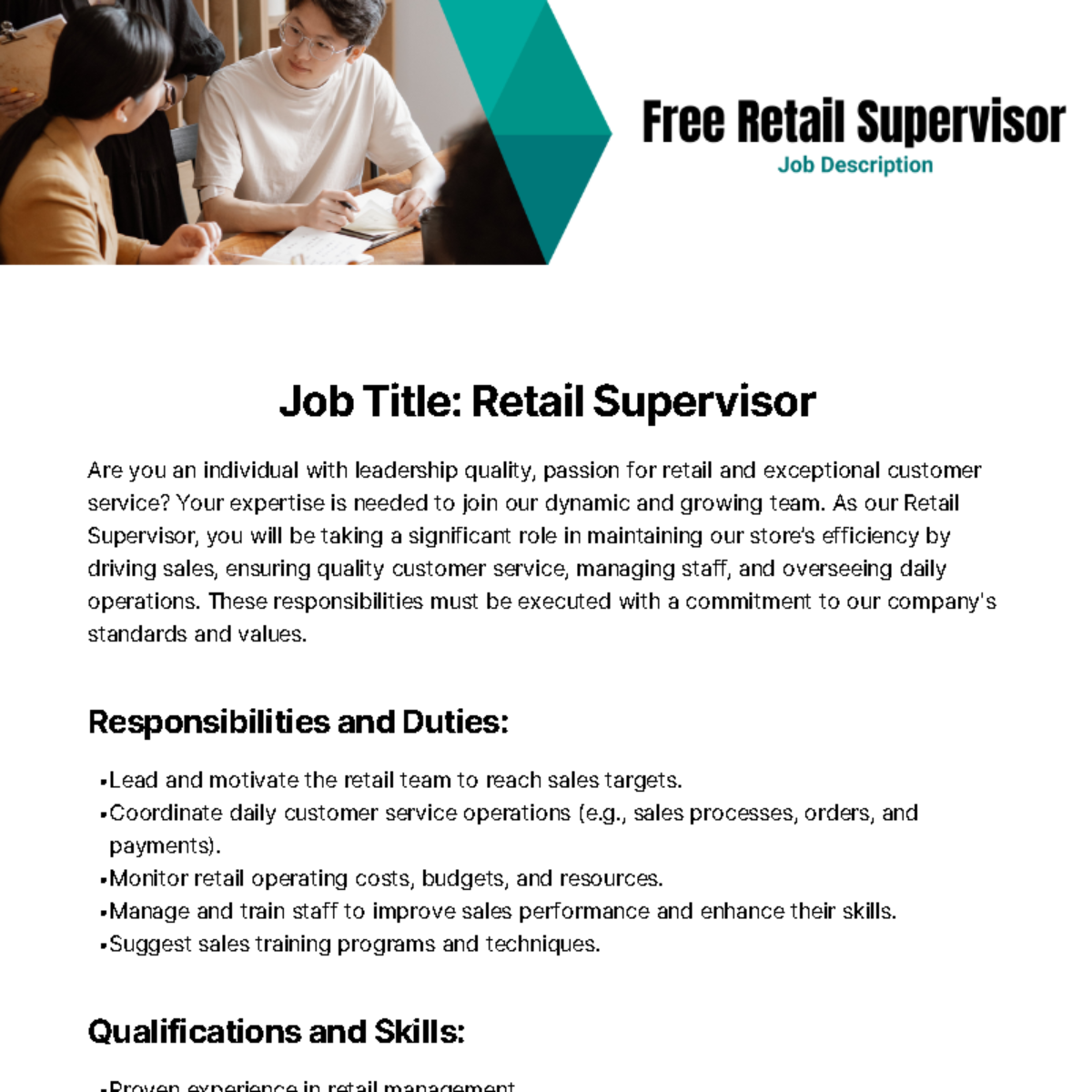 Free Retail Supervisor Job Description Template