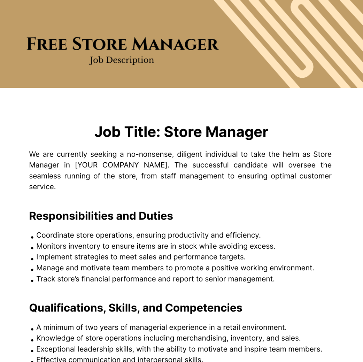 Free Store Manager Job Description Template