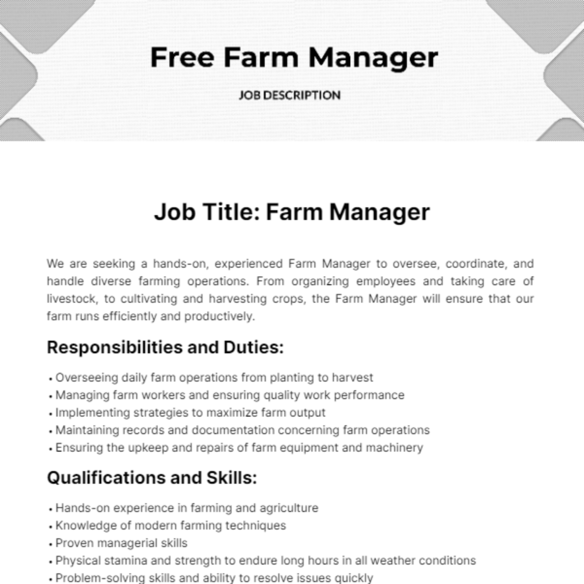 Free Farm Manager Job Description Template