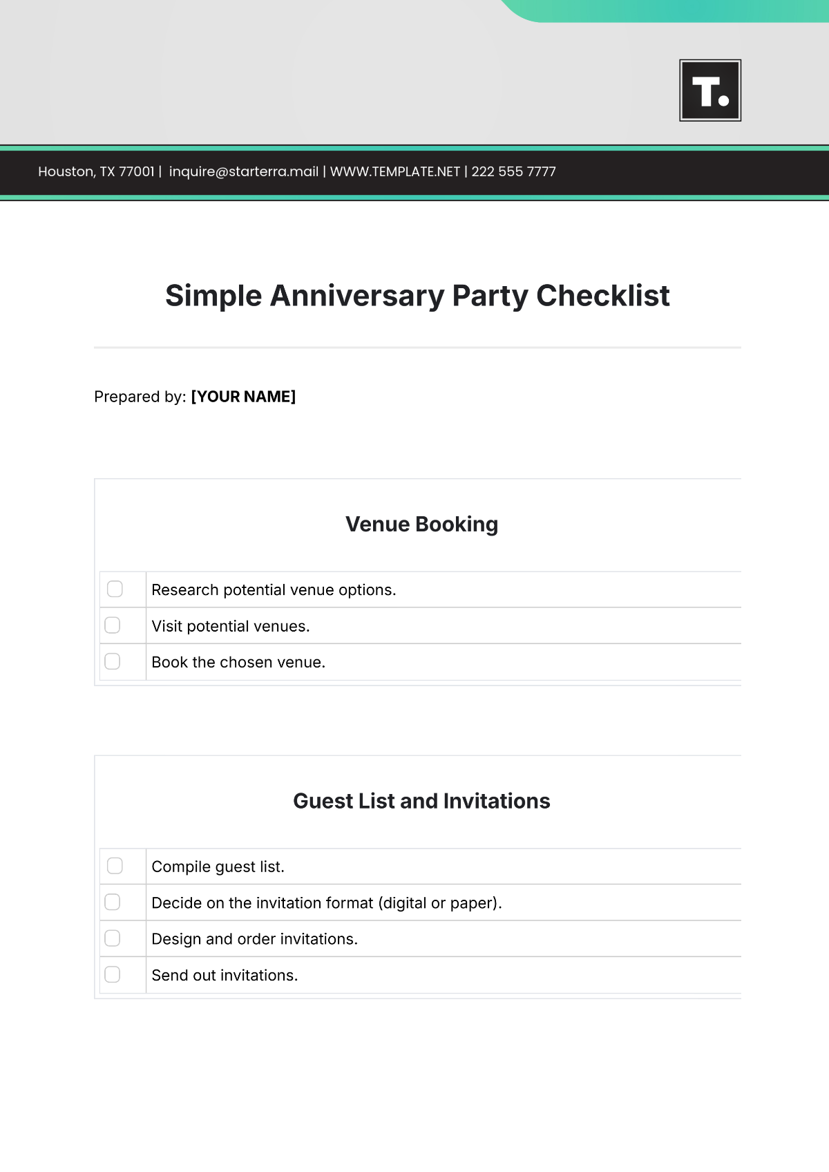 Free Simple Anniversary Party Checklist Template