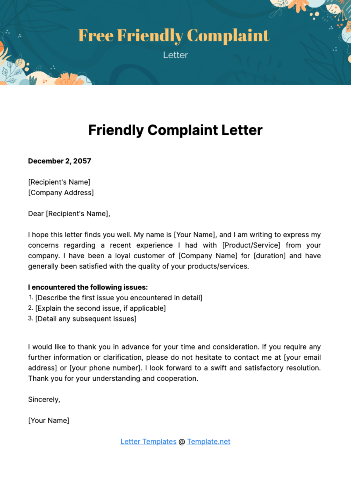 Friendly Complaint Letter Template