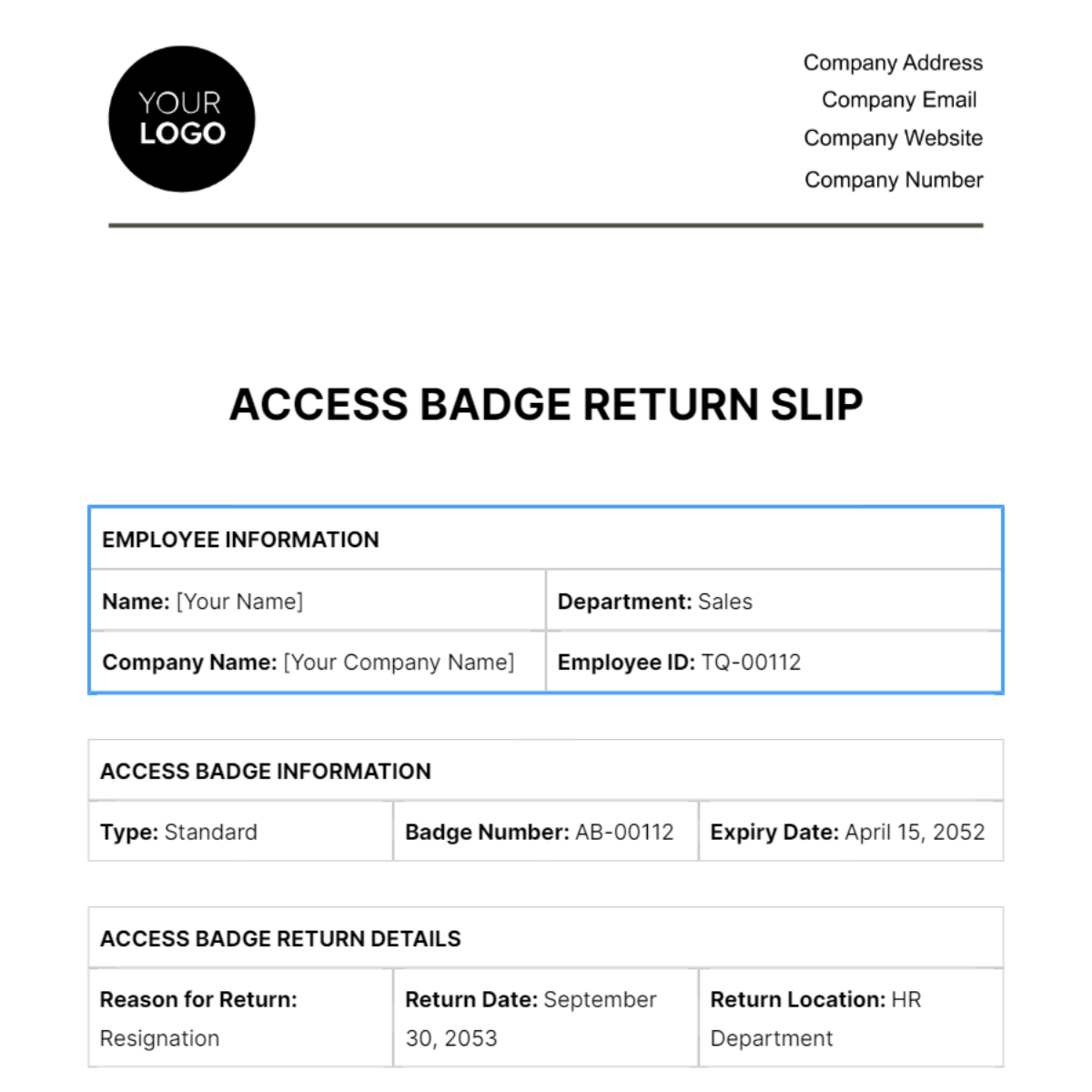 Access Badge Return Slip HR Template