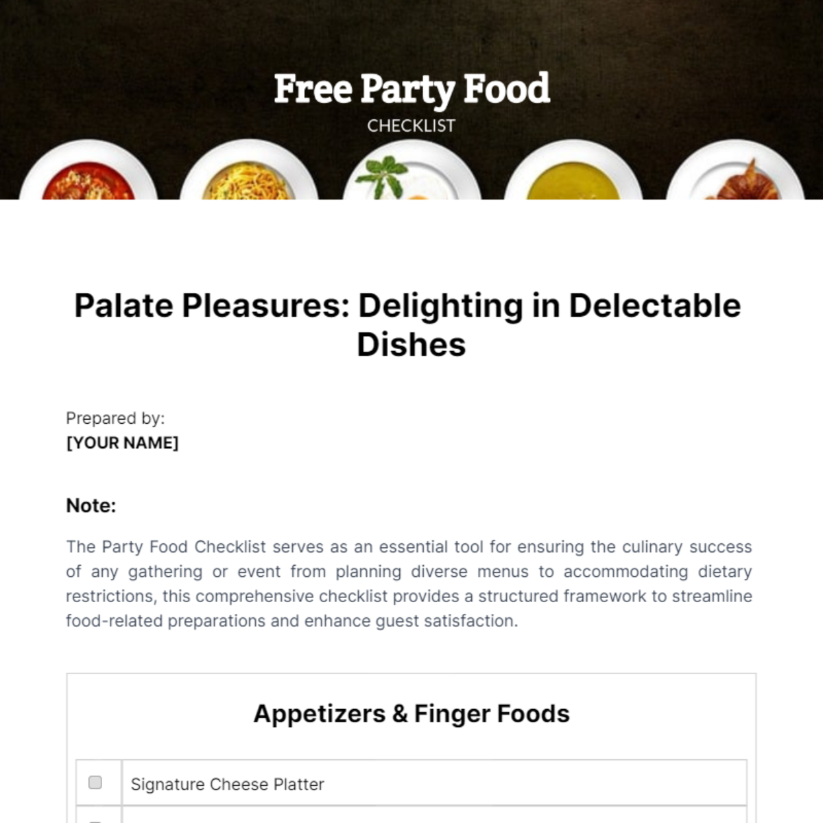 Party Food Checklist Template