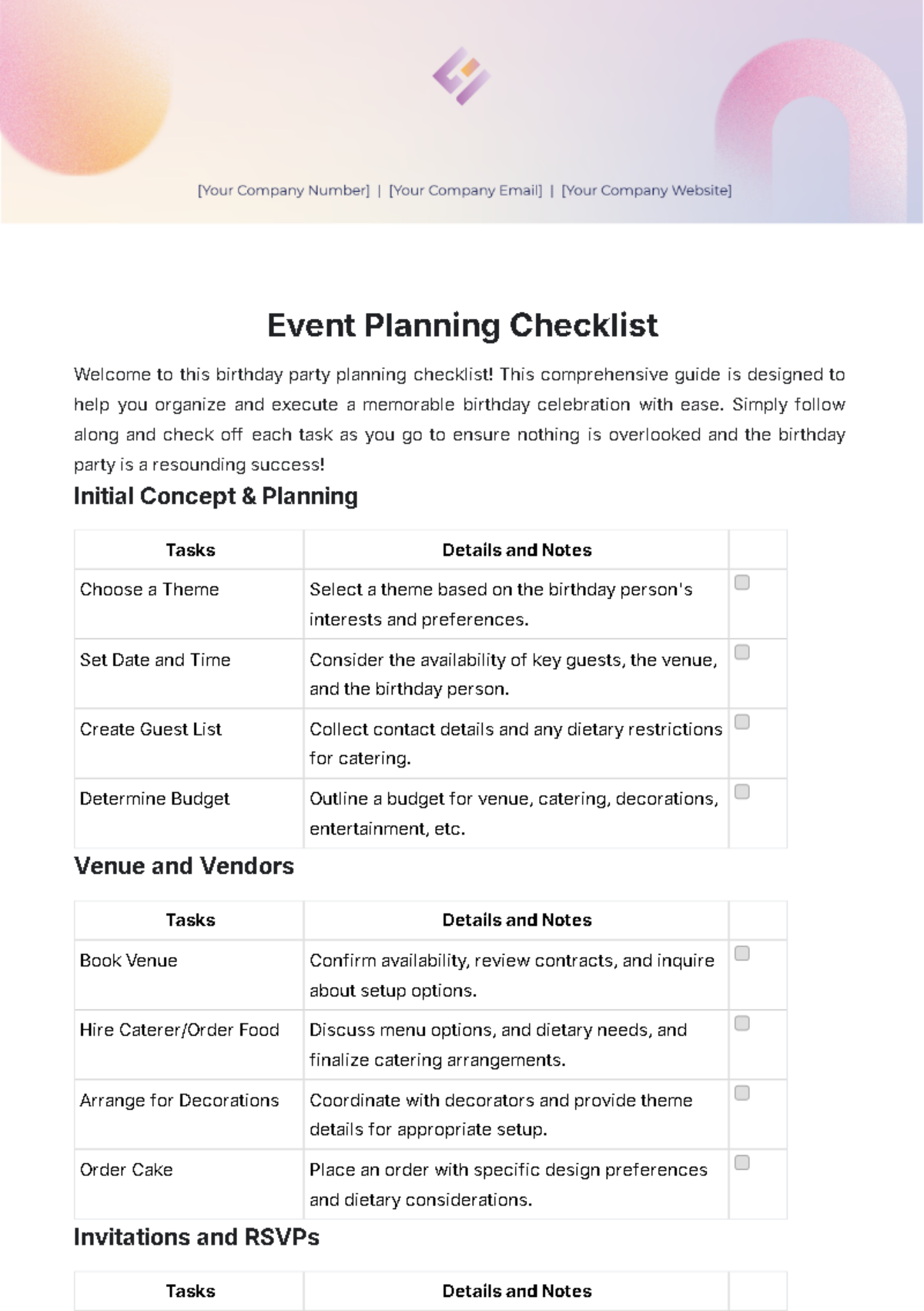 Event Planning Checklist Template - Edit Online & Download