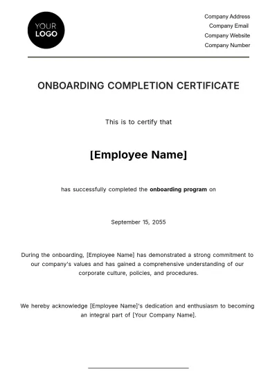 Free Onboarding Completion Certificate HR Template to Edit Online