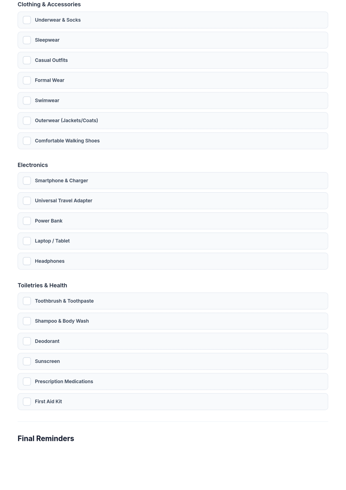 Free Travel Items Checklist Template & AI Travel Items Checklist Maker Free Travel Items Checklist Template & AI Travel Items Checklist Maker