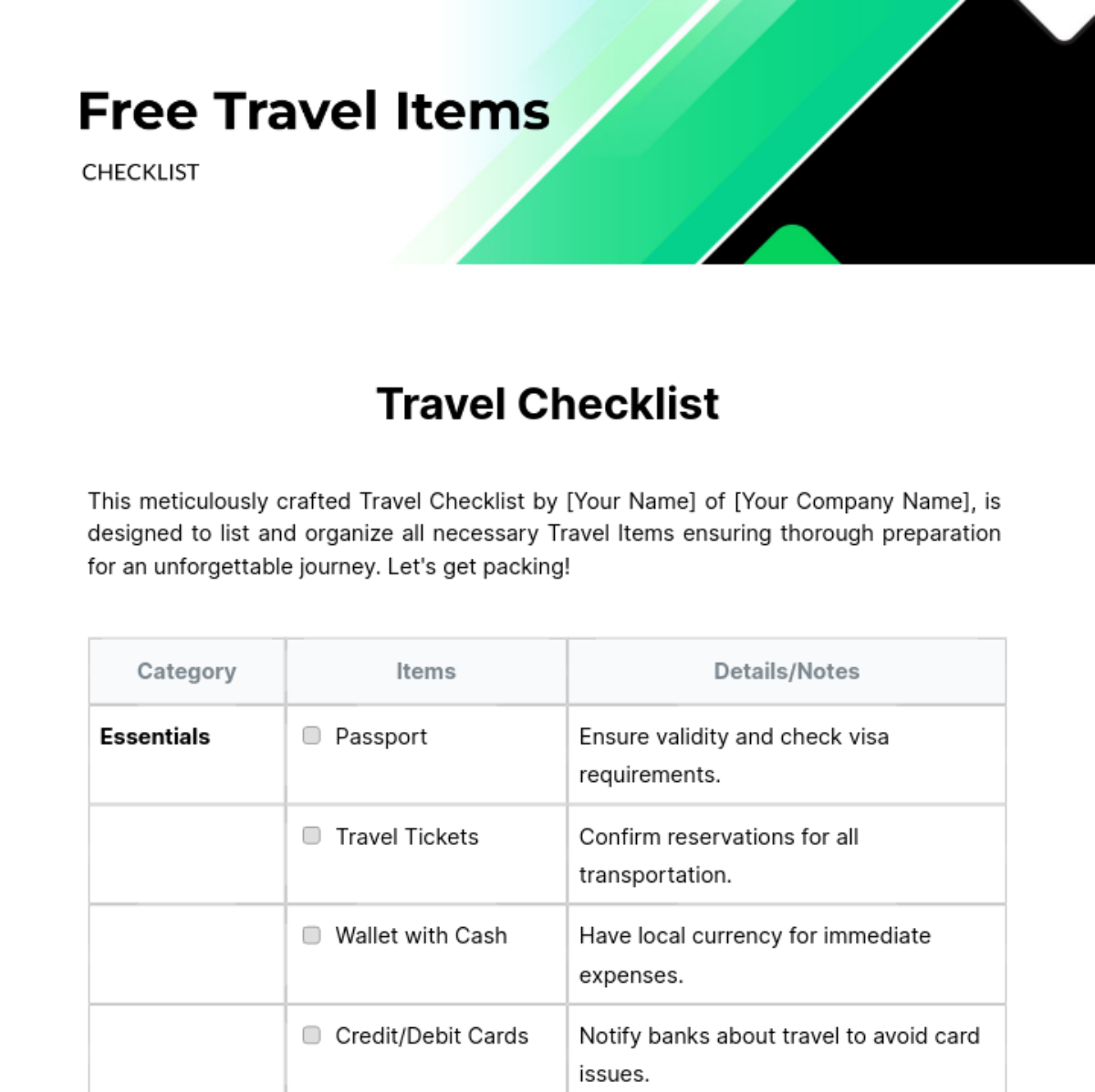 Travel Items Checklist Template