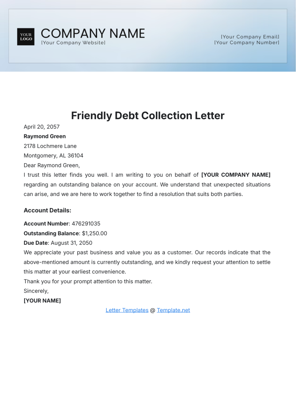 Friendly Debt Collection Letter Template - Edit Online & Download