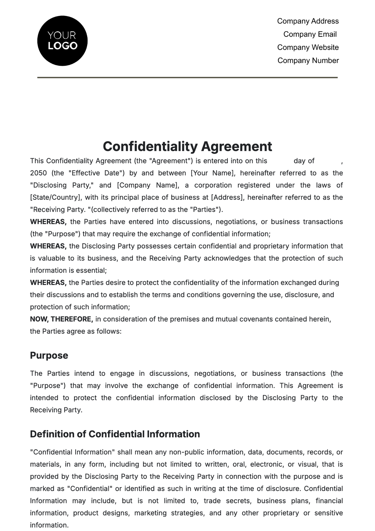 Confidentiality Agreement HR Template - Edit Online & Download