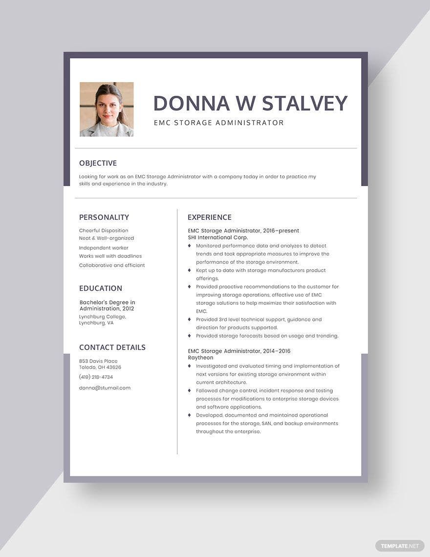 Free EMC Storage Administrator Resume in Word, Apple Pages