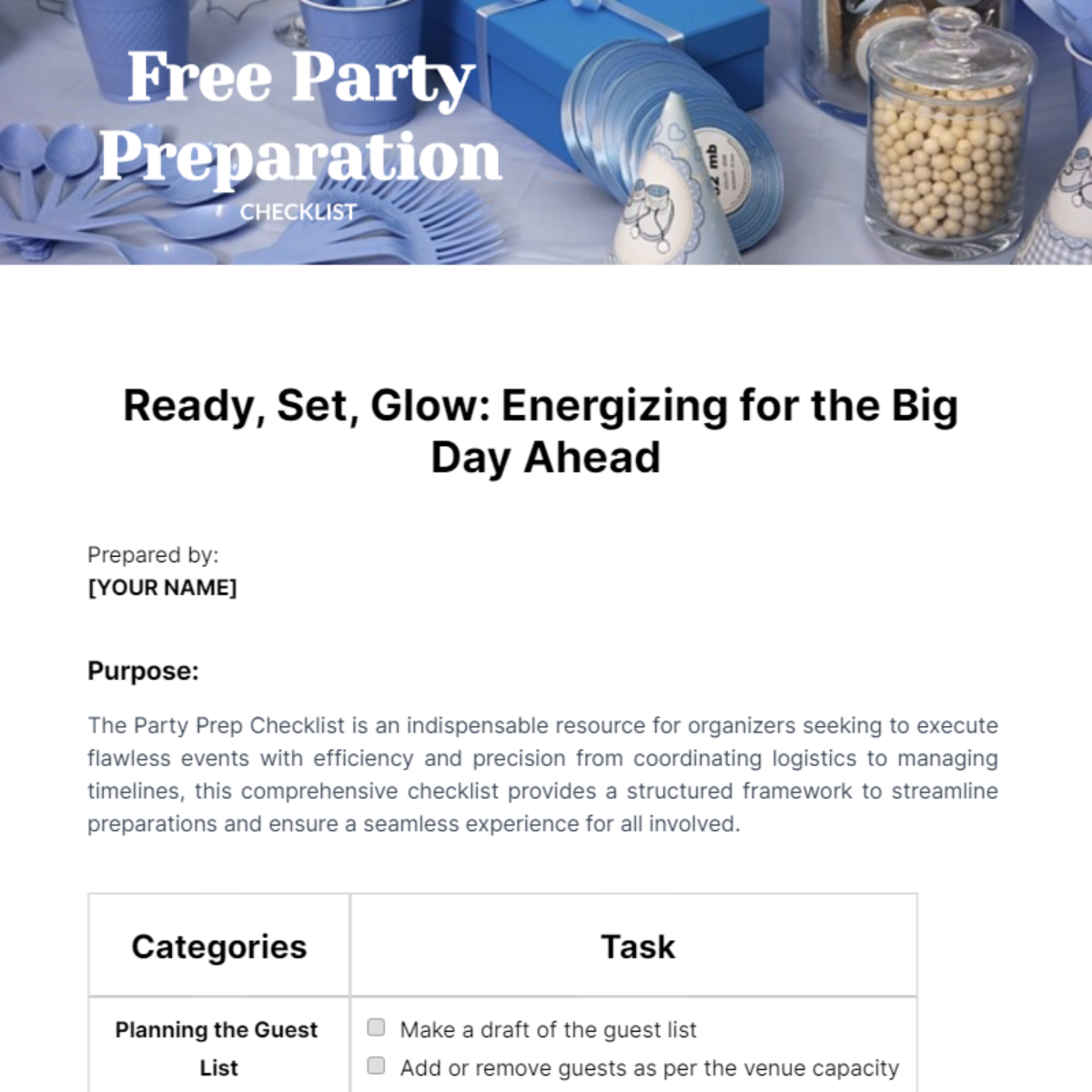 Party Prep Checklist Template