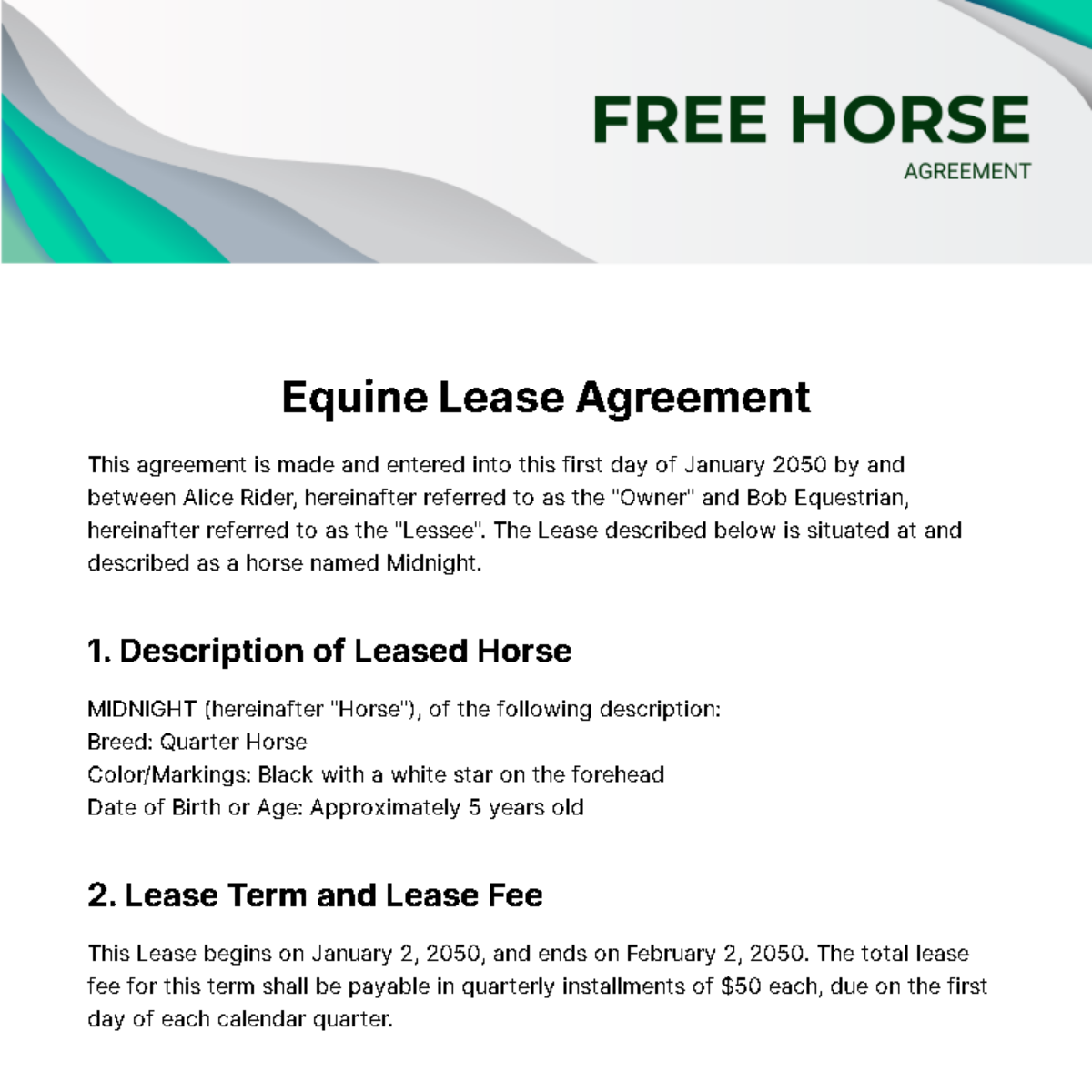 Free Horse Agreement Template