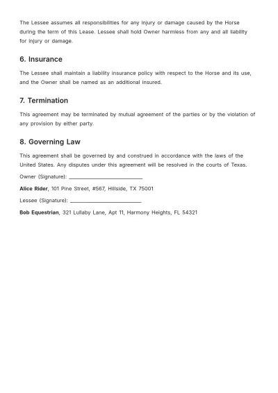 Free Horse Agreement Template to Edit Online