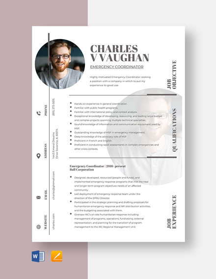 Free Emergency Coordinator Resume Template - Word, Apple Pages
