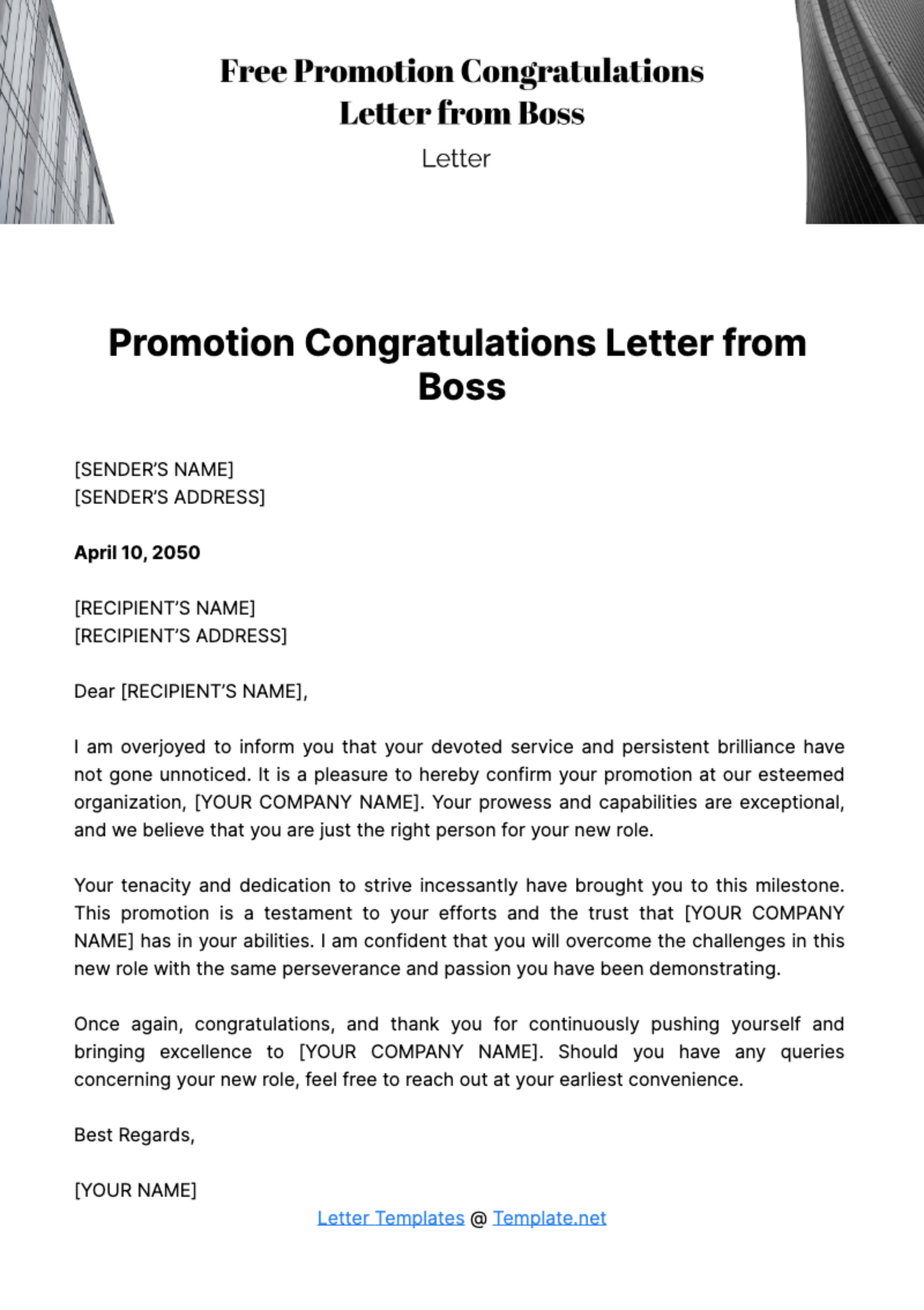 Promotion Congratulations Letter from Boss Template