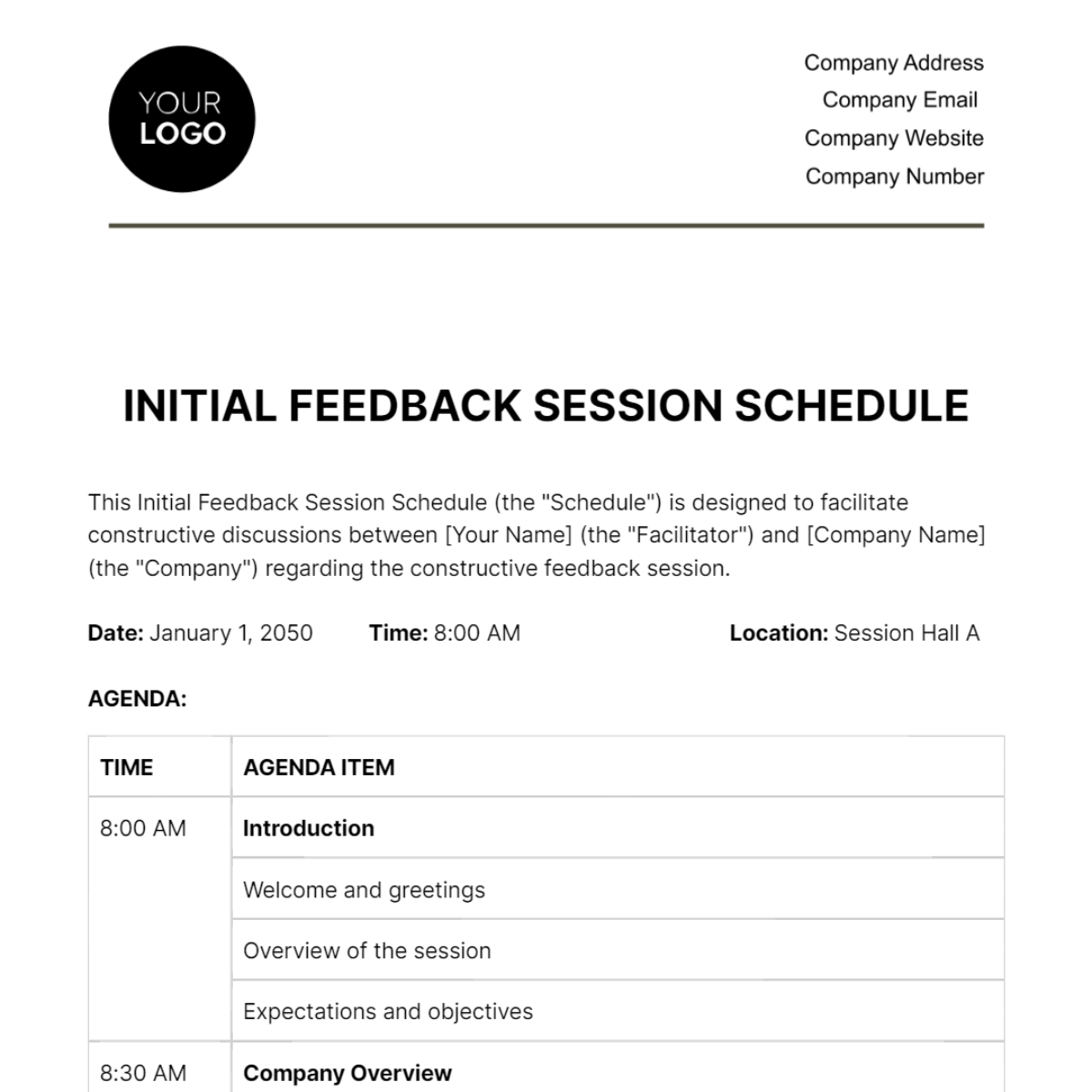 Free Initial Feedback Session Schedule HR Template