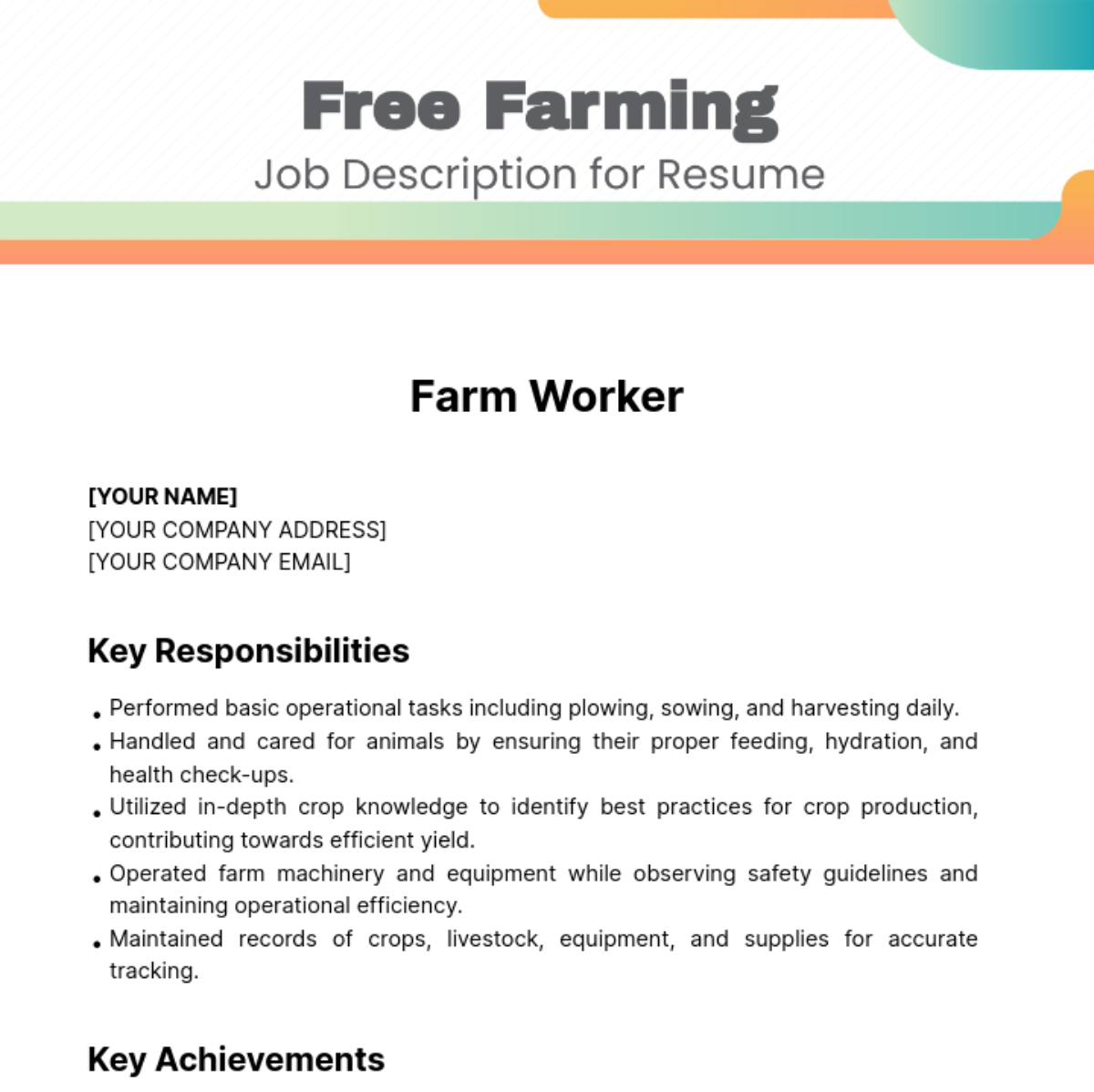Farming Job Description for Resume Template