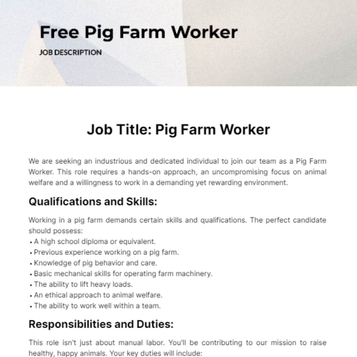 Free Pig Farm Worker Job Description Template