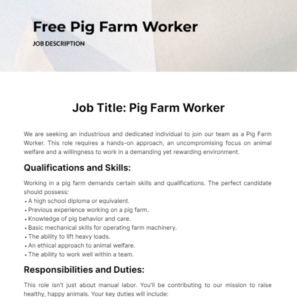 Pig Farm Worker Job Description