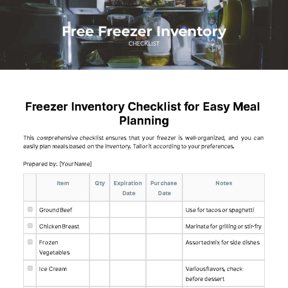 Freezer Inventory Checklist Template
