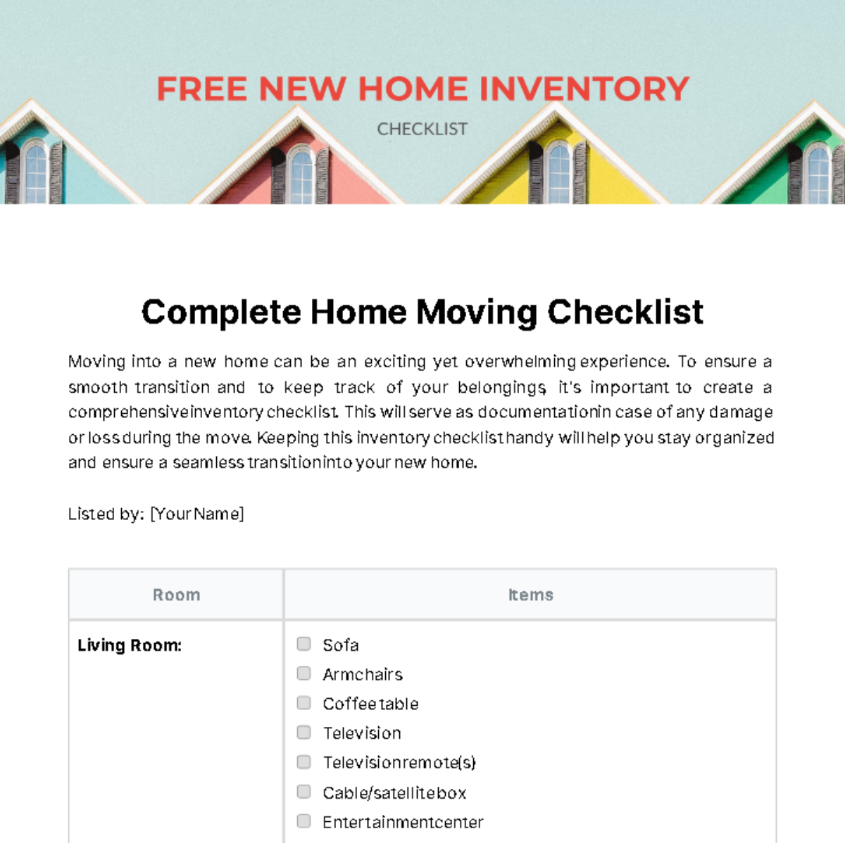 New Home Inventory Checklist Template
