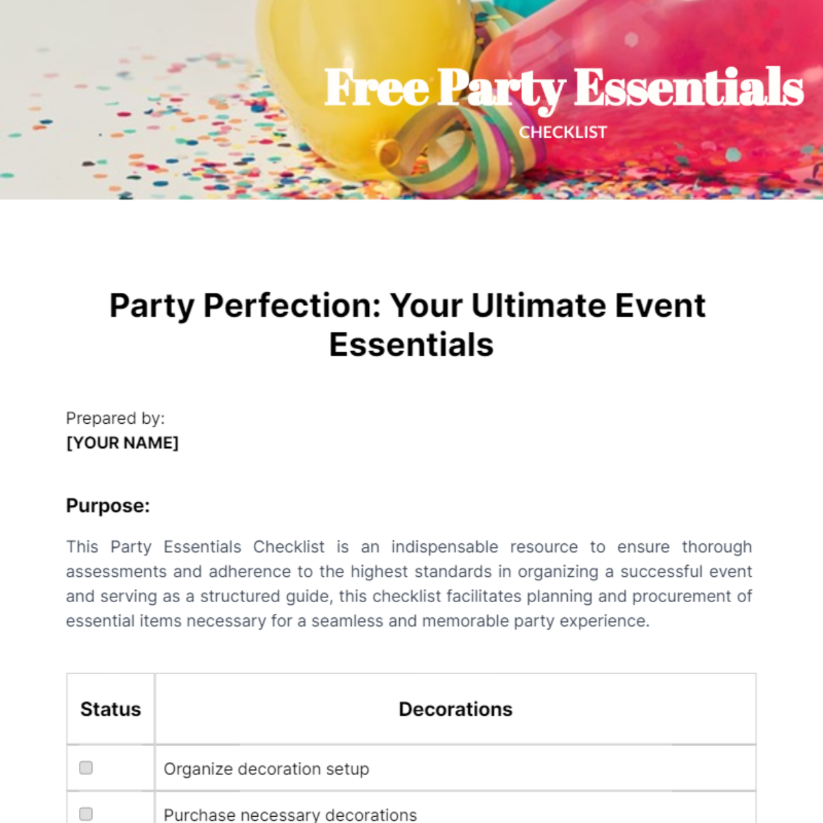 Party Essentials Checklist Template