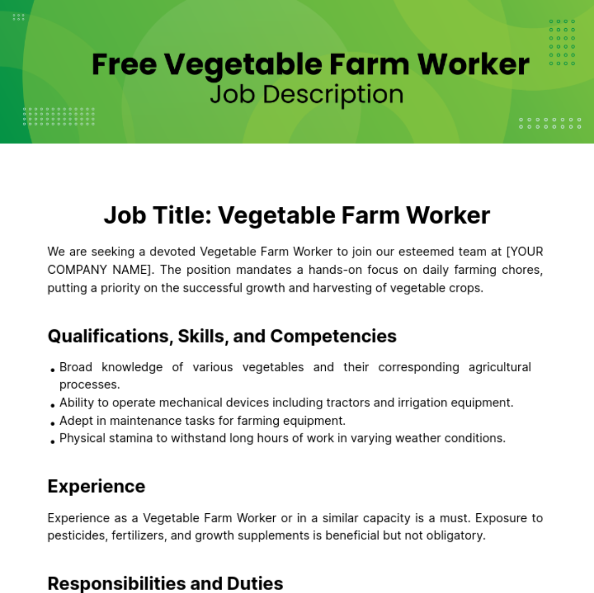 Free Vegetable Farm Worker Job Description Template