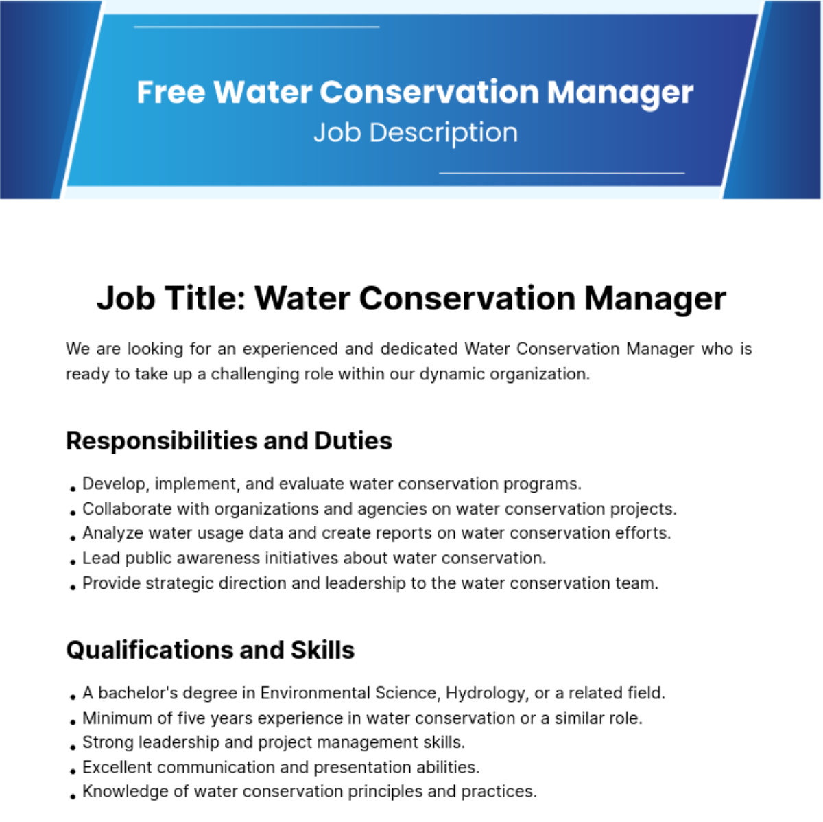 Water Conservation Manager Job Description Template