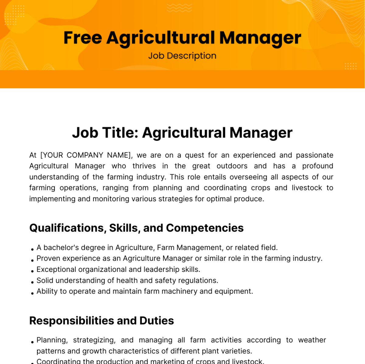 Free Agricultural Manager Job Description Template
