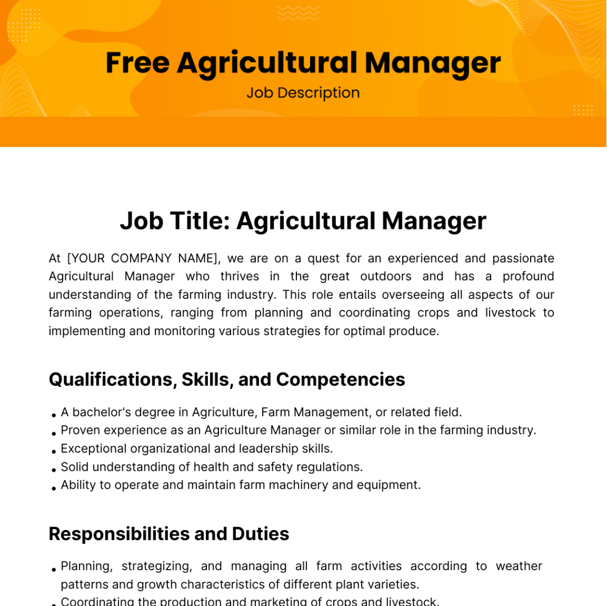 Agricultural Manager Job Description