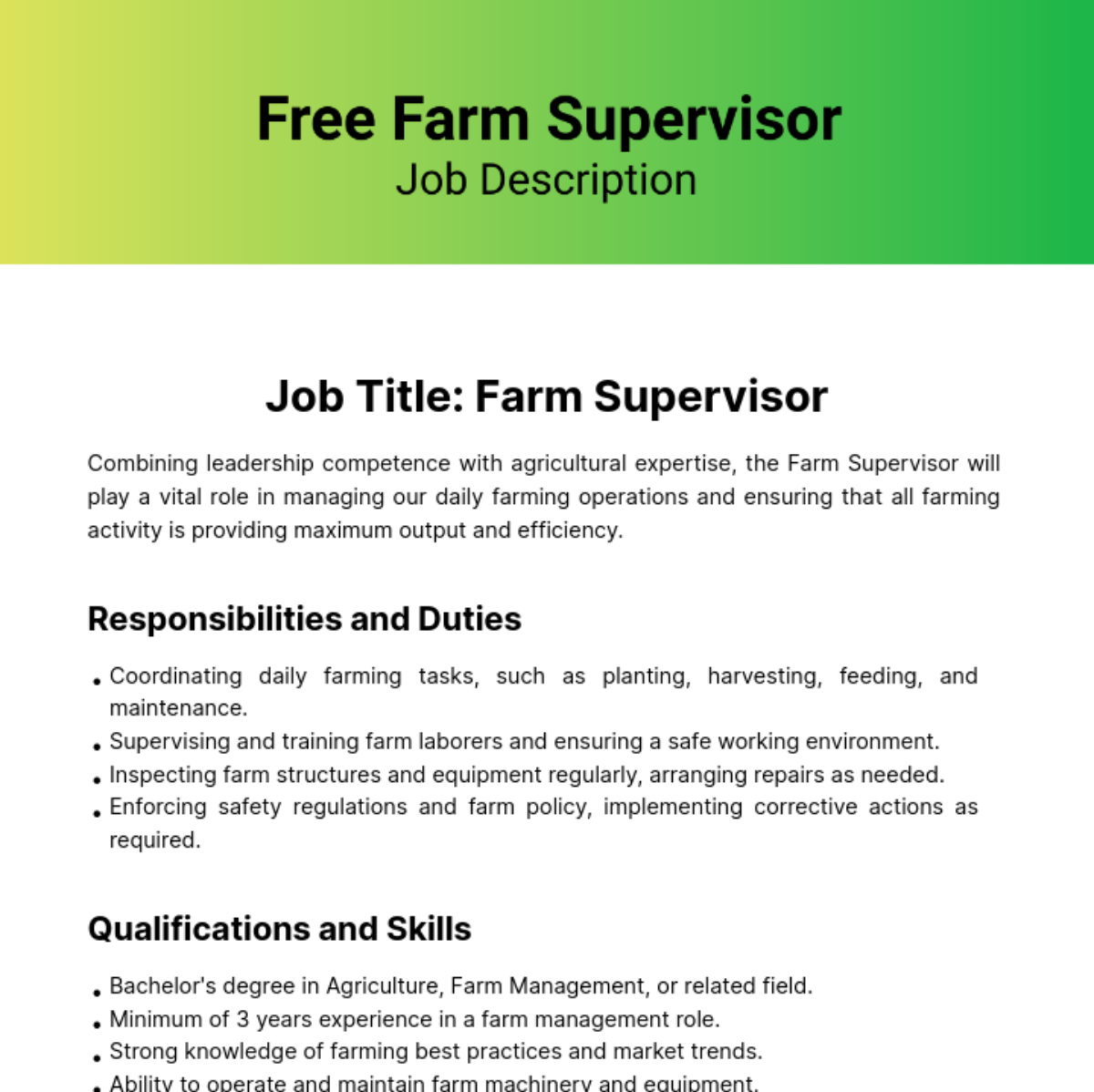 Free Farm Supervisor Job Description Template