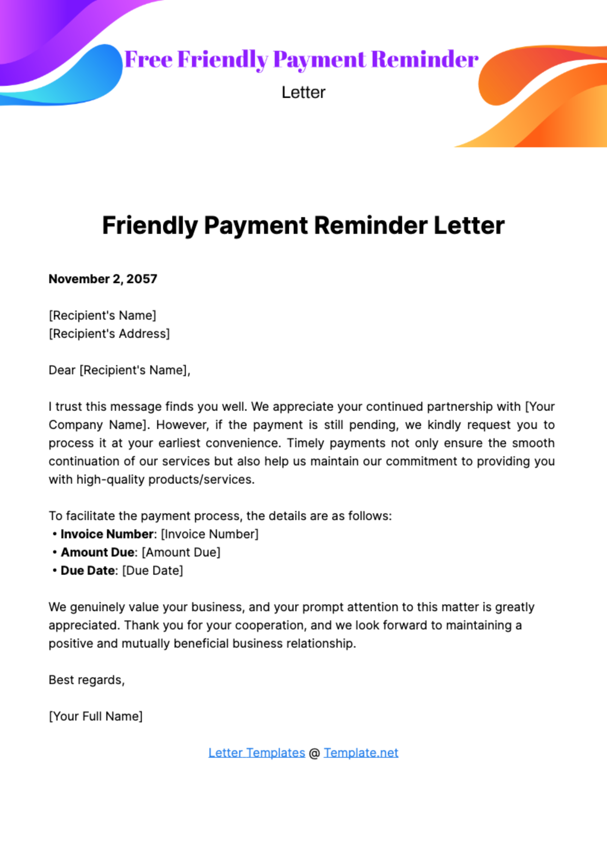 Free Friendly Payment Reminder Letter Template