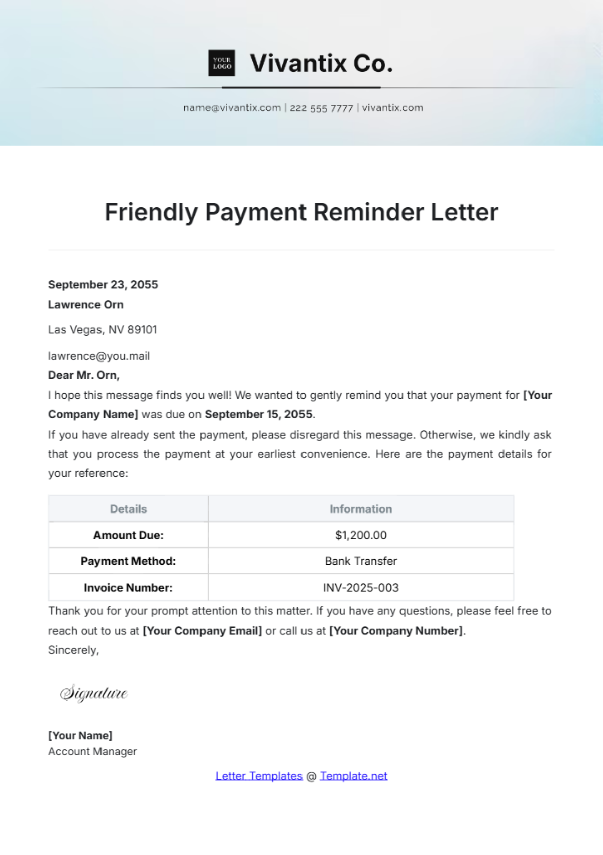 Friendly Payment Reminder Letter Template - Edit Online & Download