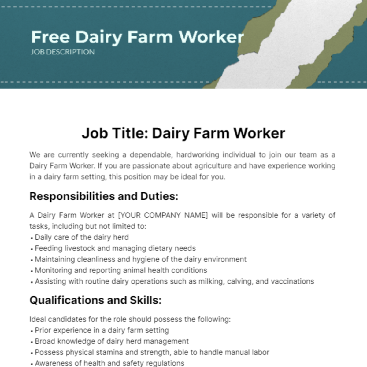 Free Dairy Farm Worker Job Description Template