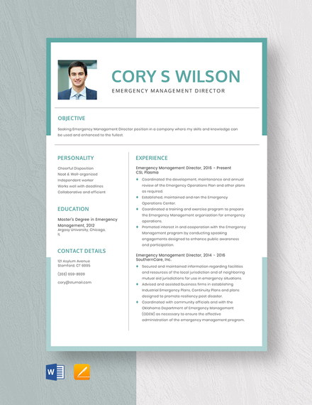 Emergency Management Director Resume Template - Word, Apple Pages
