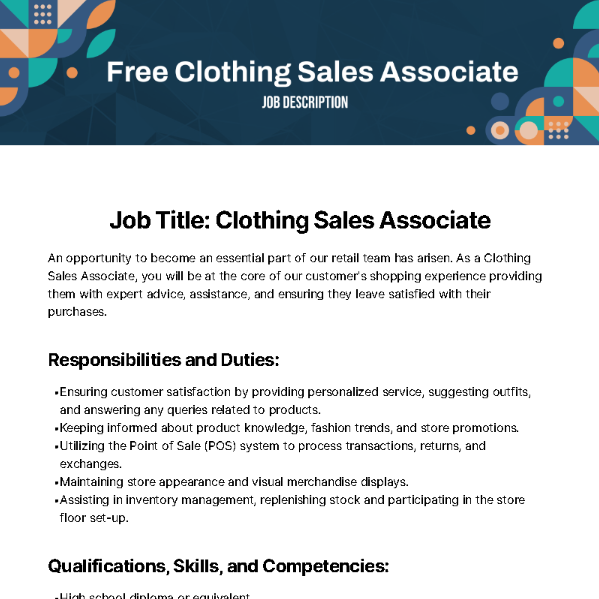 Free Clothing Sales Associate Job Description Template
