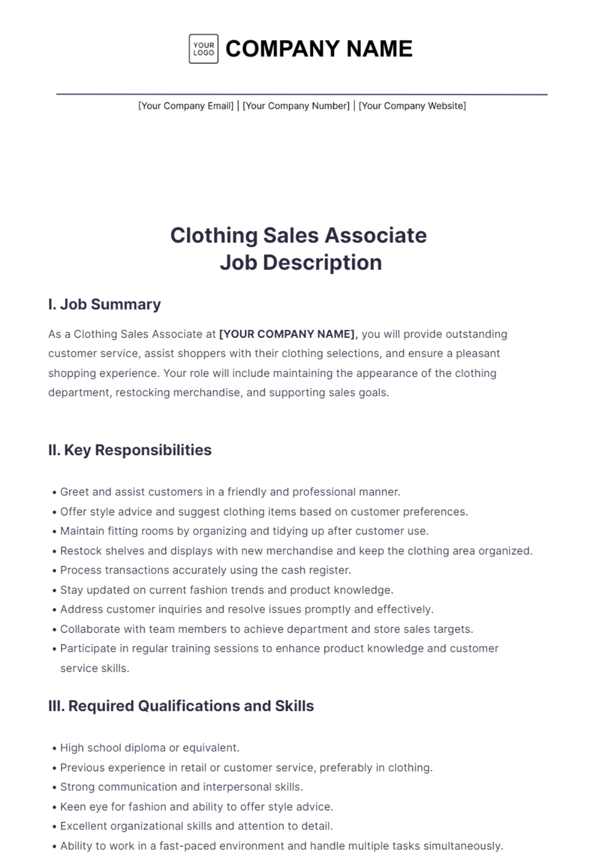 Clothing Sales Associate Job Description - Edit Online & Download