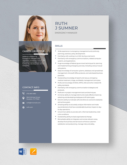 Free Emergency Manager Resume Template - Word, Apple Pages