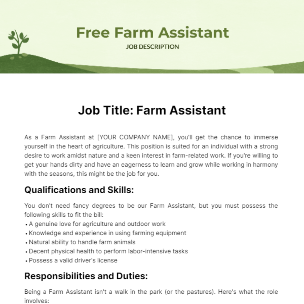 Free Farm Assistant Job Description Template