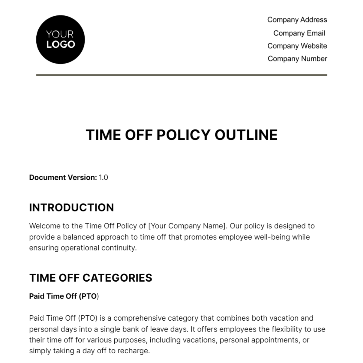 Time-Off Policy Outline HR Template