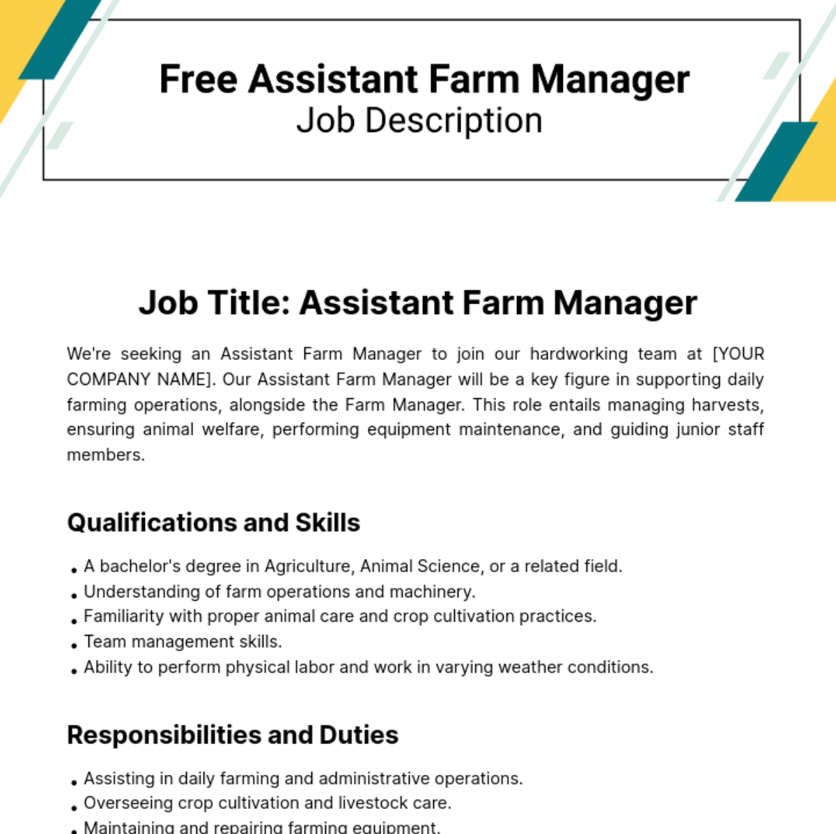 Free Assistant Farm Manager Job Description Template