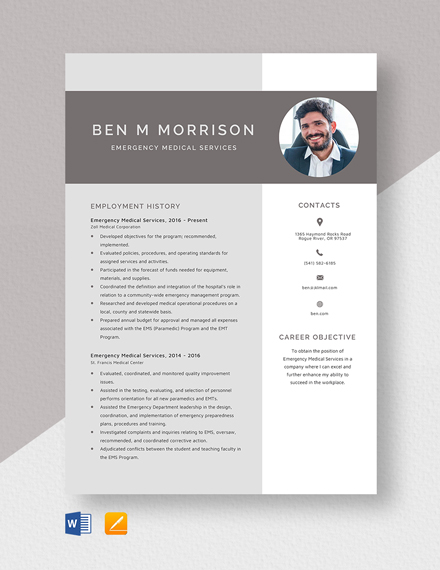 Emergency Medical Services Resume Template - Word, Apple Pages