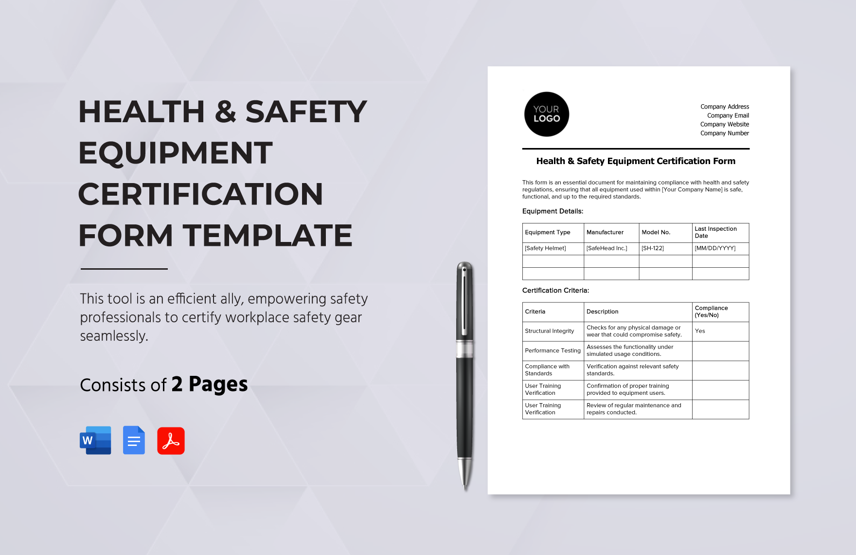 Health & Safety Equipment Certification Form Template