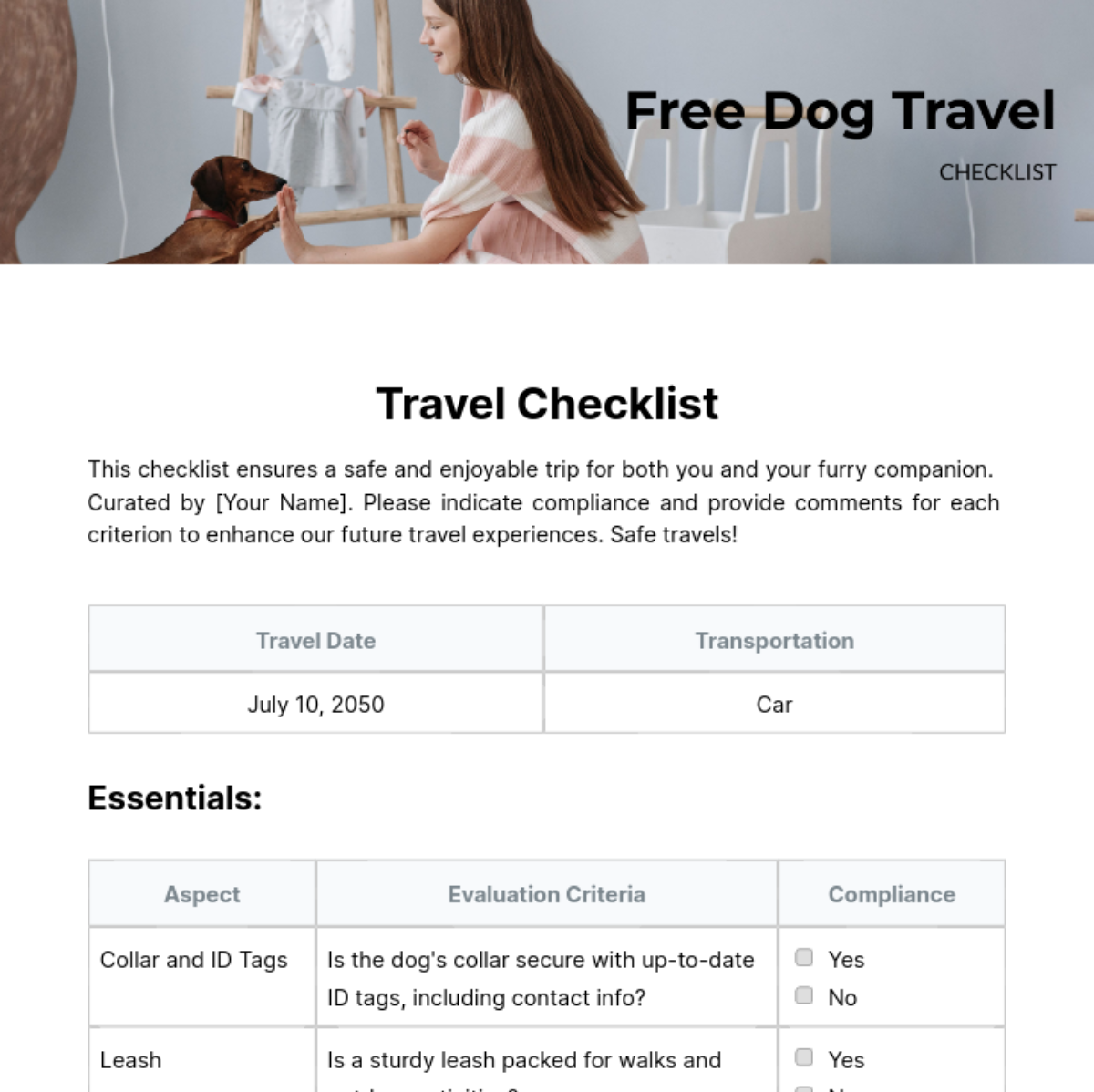 Dog Travel Checklist Template