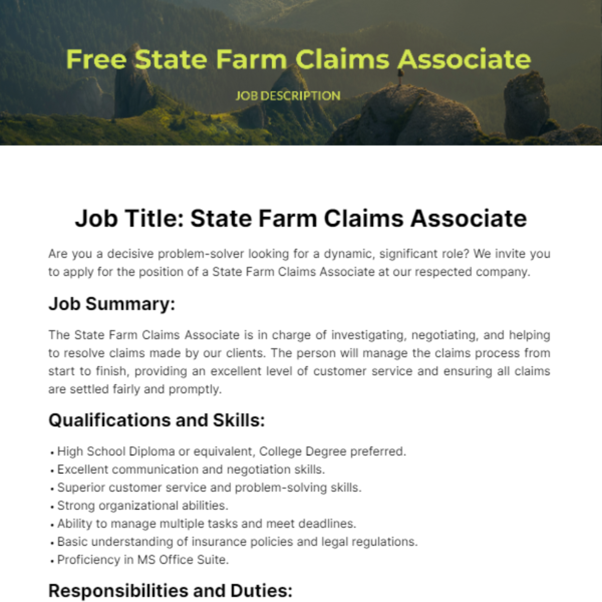 Free State Farm Claims Associate Job Description Template