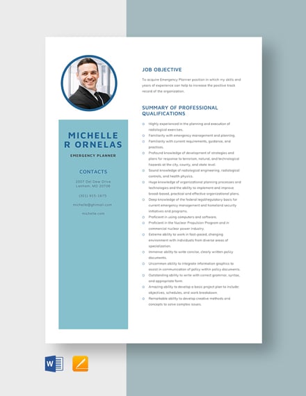 Emergency Planner Resume Template - Word, Apple Pages